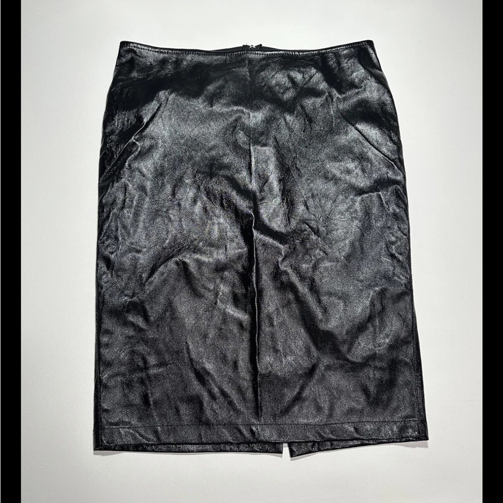 Vintage Y2K  2000s Super Low Fat Black Faux Leather Pleather Pencil Skirt Large